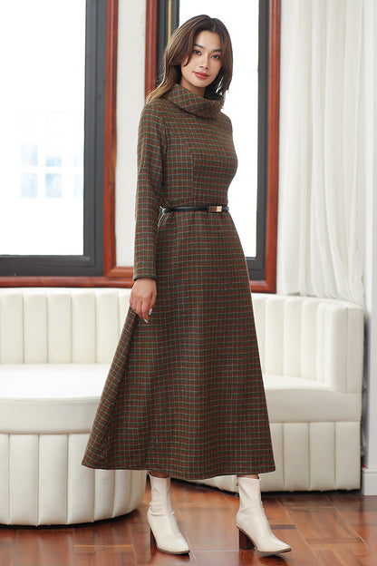 Women Retro Plaid Wool Dress 4029