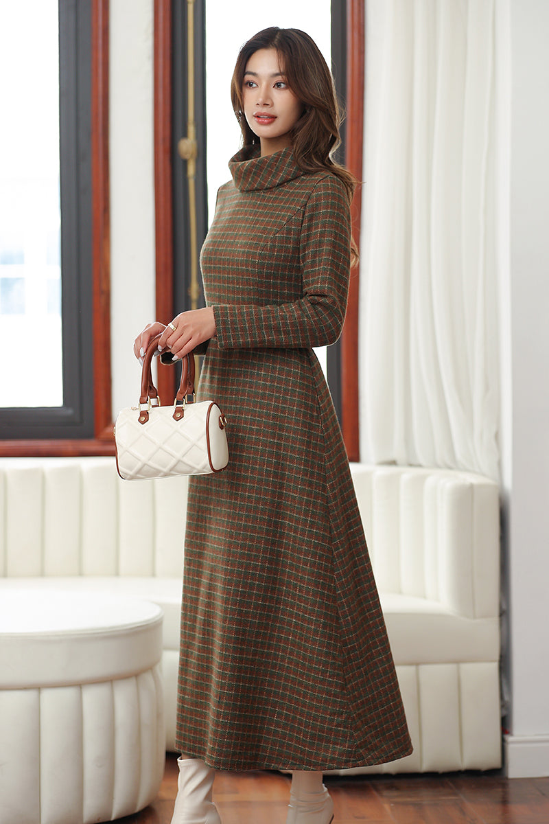 Plaid Wool Maxi Dress - Long Sleeve Mock Neck Retro
