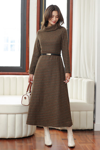 Women Retro Plaid Wool Dress 4029