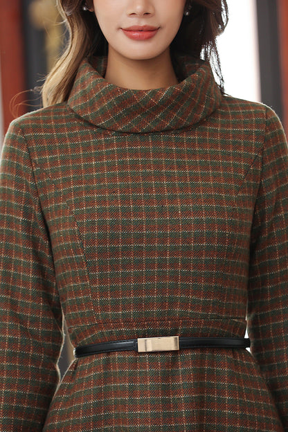 Women Retro Plaid Wool Dress 4029