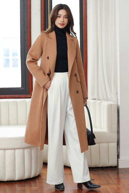 Handmade Camel Wool Coat – Classic Double-Breasted Long Winter Overcoat | Xiaolizi 4030