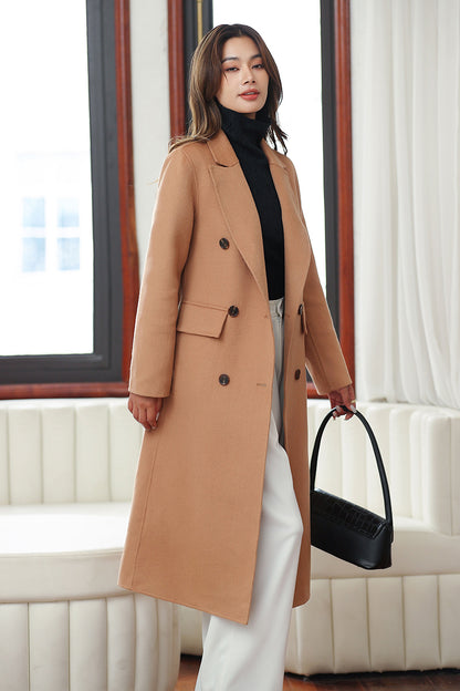 Handmade Camel Wool Coat – Classic Double-Breasted Long Winter Overcoat | Xiaolizi 4030