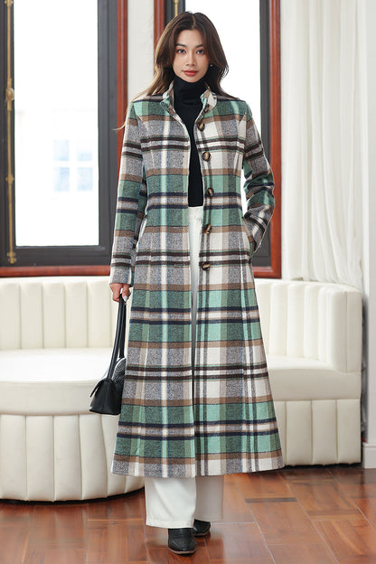 Handmade Green Plaid Wool Coat – Vintage Belted Long Winter Overcoat | Xiaolizi 4031