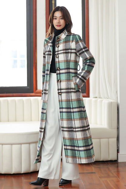Handmade Green Plaid Wool Coat – Vintage Belted Long Winter Overcoat | Xiaolizi 4031