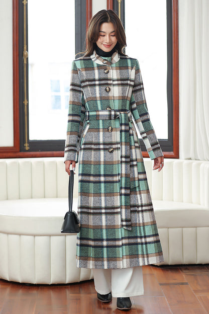 Long Green Plaid Wool Coat 4031