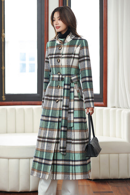 Handmade Green Plaid Wool Coat – Vintage Belted Long Winter Overcoat | Xiaolizi 4031