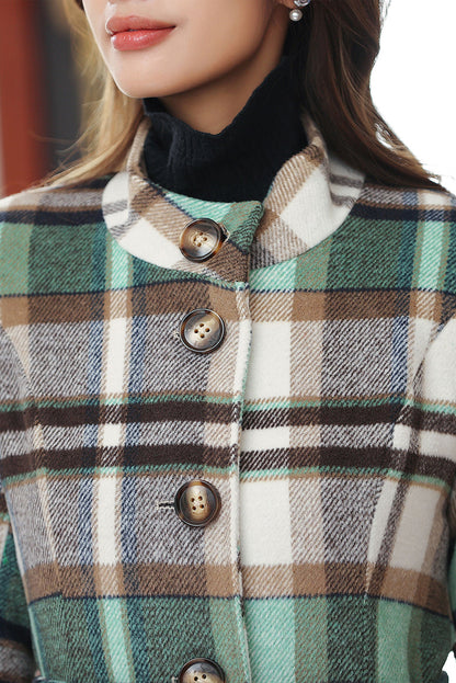 Handmade Green Plaid Wool Coat – Vintage Belted Long Winter Overcoat | Xiaolizi 4031