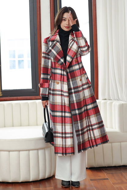 Handmade Red Plaid Wool Coat – Vintage Belted Long Winter Overcoat | Xiaolizi 4032
