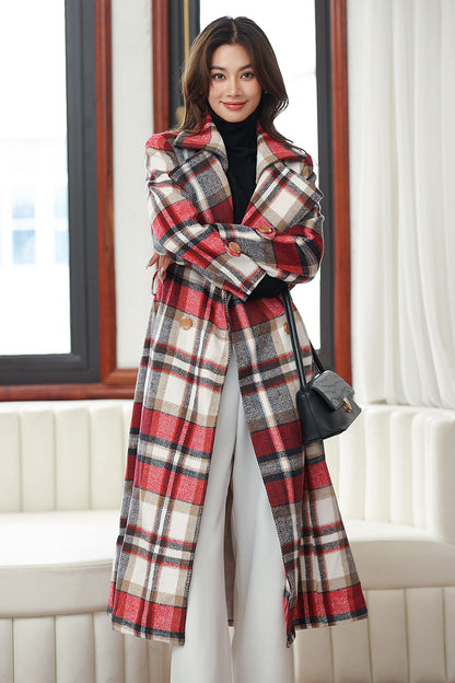 Handmade Red Plaid Wool Coat – Vintage Belted Long Winter Overcoat | Xiaolizi 4032