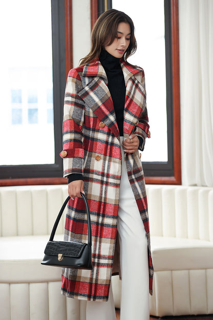 Handmade Red Plaid Wool Coat – Vintage Belted Long Winter Overcoat | Xiaolizi 4032