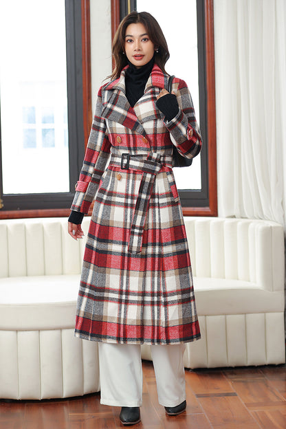 Handmade Red Plaid Wool Coat – Vintage Belted Long Winter Overcoat | Xiaolizi 4032