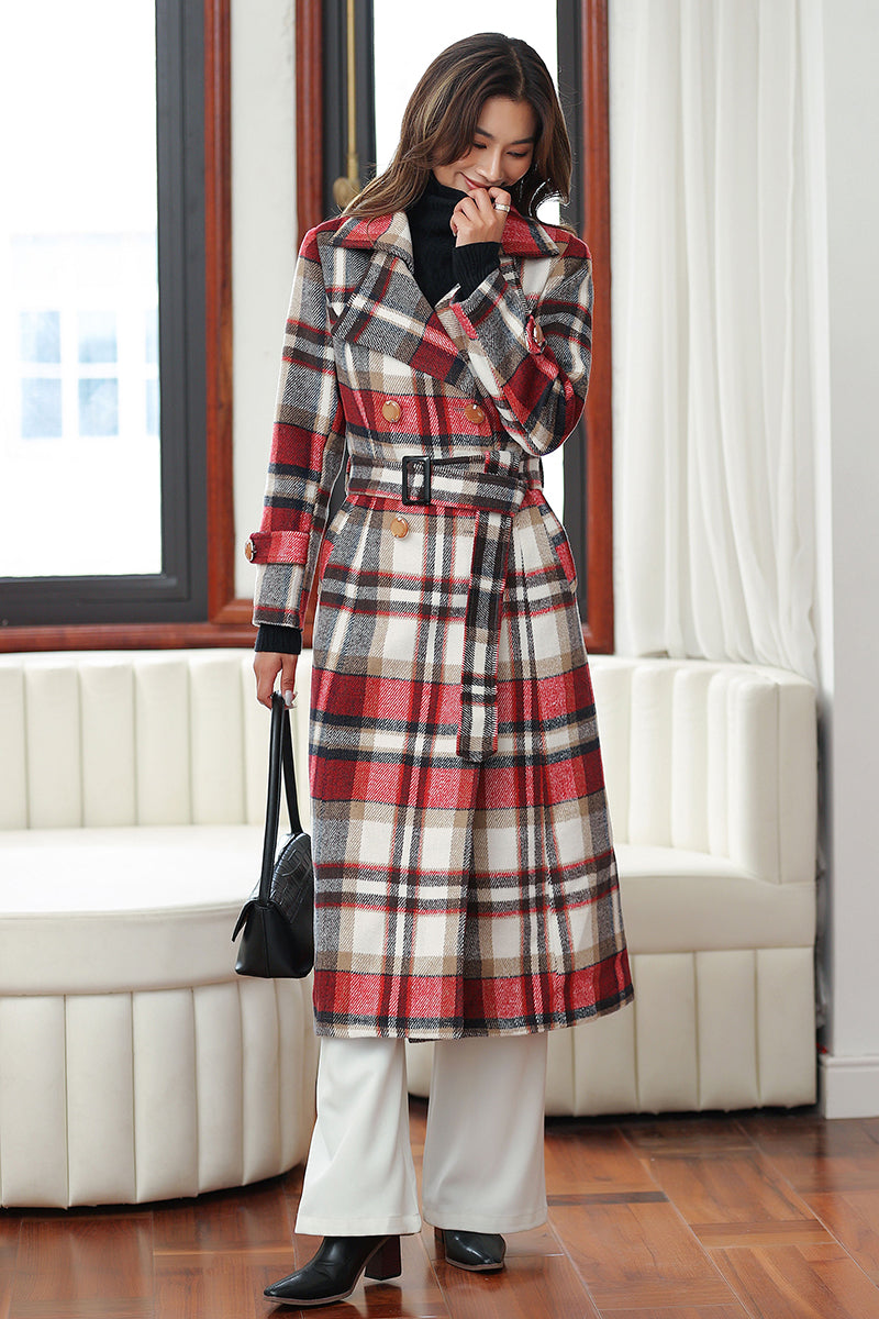 Red plaid wool coat hot sale womens