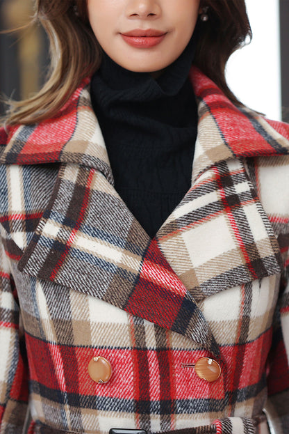 Handmade Red Plaid Wool Coat – Vintage Belted Long Winter Overcoat | Xiaolizi 4032