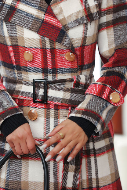 Handmade Red Plaid Wool Coat – Vintage Belted Long Winter Overcoat | Xiaolizi 4032