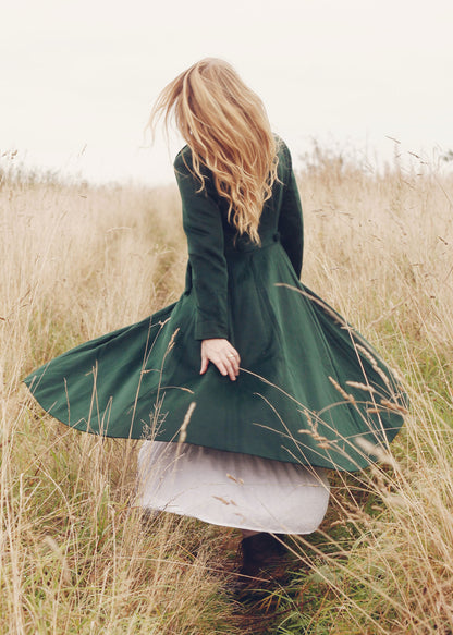 Green Wool Maxi Coat - Double Breasted Flare Silhouette 3185