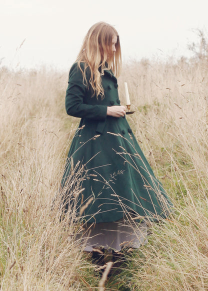 Green Wool Maxi Coat - Double Breasted Flare Silhouette 3185