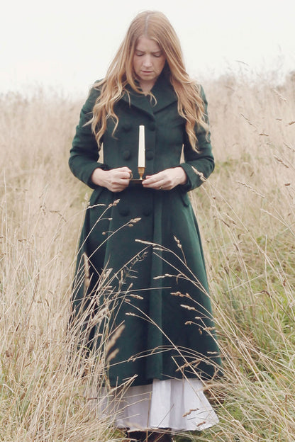 Green Wool Maxi Coat - Double Breasted Flare Silhouette 3185