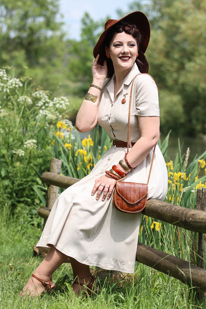 Short Sleeve Linen Midi Dress – Elegant Beige Retro Shirt Dress 3574