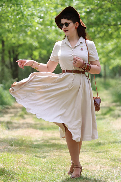 Short Sleeve Linen Midi Dress – Elegant Beige Retro Shirt Dress 3574
