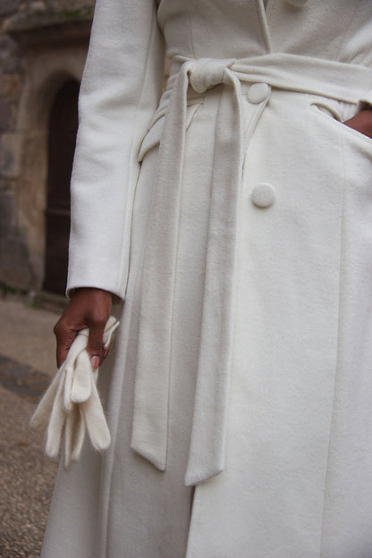 White Wool Long Coat - Single Breasted with Fabric Belt 4087