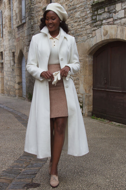 White Wool Long Coat - Single Breasted with Fabric Belt 4087