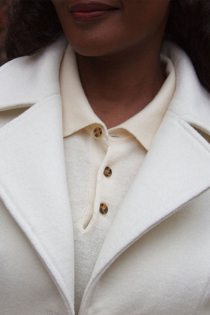 White Wool Long Coat - Single Breasted with Fabric Belt 4087