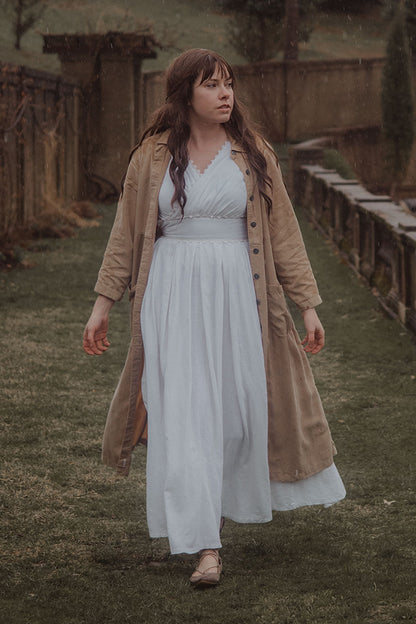 White Linen Blend Maxi Dress - Fit and Flare with Wrap V-Neck 3705