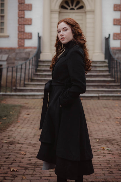 Black Wool Blend Long Coat - Asymmetrical Hem with Stand Collar 3257