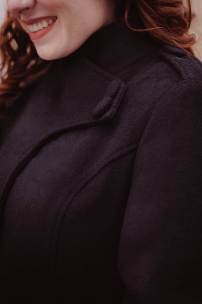 Black Wool Blend Long Coat - Asymmetrical Hem with Stand Collar 3257