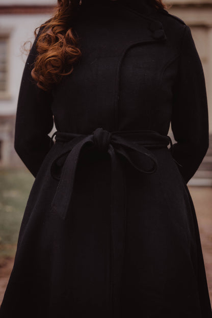 Black Wool Blend Long Coat - Asymmetrical Hem with Stand Collar 3257