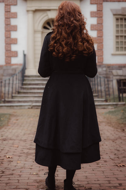 Black Wool Blend Long Coat - Asymmetrical Hem with Stand Collar 3257