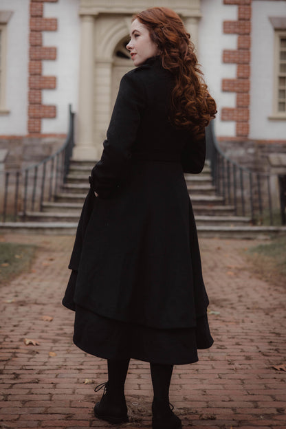 Black Wool Blend Long Coat - Asymmetrical Hem with Stand Collar 3257