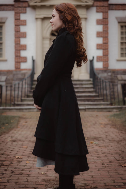 Black Wool Blend Long Coat - Asymmetrical Hem with Stand Collar 3257