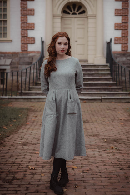 Green Wool Blend Long Sleeve Midi Dress - Pockets Pleated | Xiaolizi 3258
