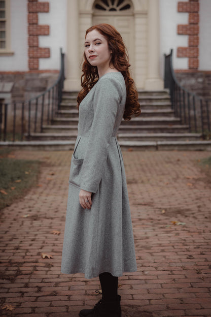 Green Wool Blend Long Sleeve Midi Dress - Pockets Pleated | Xiaolizi 3258