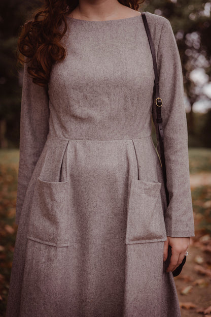Green Wool Blend Long Sleeve Midi Dress - Pockets Pleated | Xiaolizi 3258