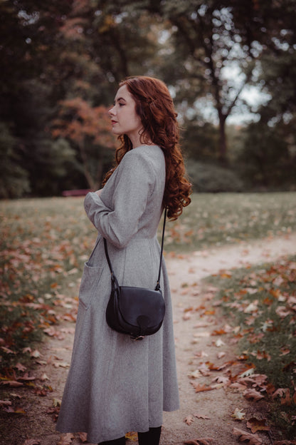 Green Wool Blend Long Sleeve Midi Dress - Pockets Pleated | Xiaolizi 3258