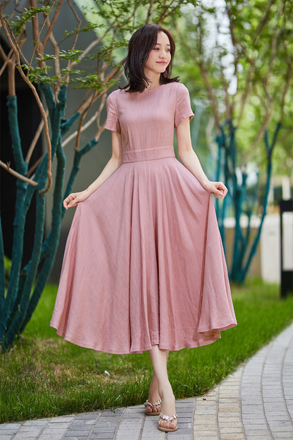 Pink Linen Fit and Flare Midi Dress - Boat Neck | Xiaolizi 2184