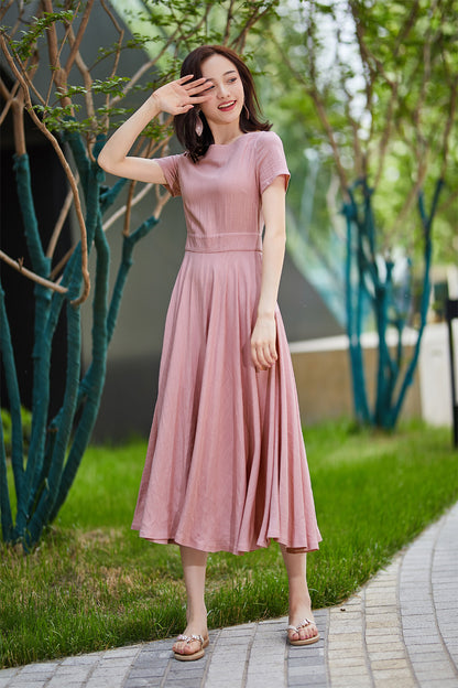 Pink Linen Fit and Flare Midi Dress - Boat Neck | Xiaolizi 2184