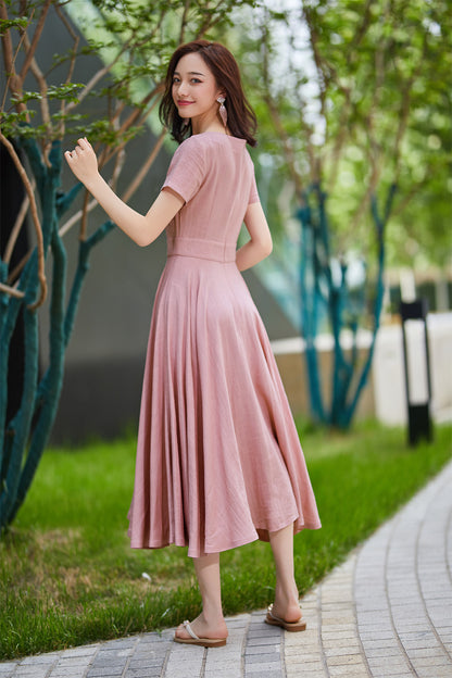 Pink Linen Fit and Flare Midi Dress - Boat Neck | Xiaolizi 2184