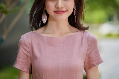 Pink Linen Fit and Flare Midi Dress - Boat Neck | Xiaolizi 2184