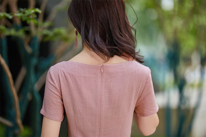 Pink Linen Fit and Flare Midi Dress - Boat Neck | Xiaolizi 2184