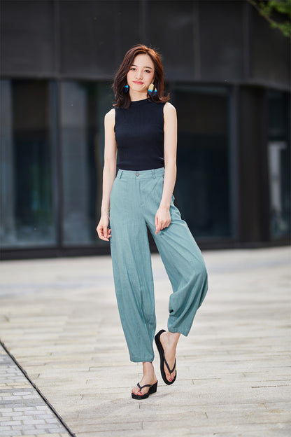 Blue Linen Blend Casual Pants - Baggy Fit with Side Pockets 2191