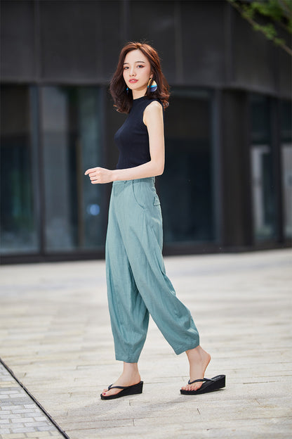 Blue Linen Blend Casual Pants - Baggy Fit with Side Pockets 2191