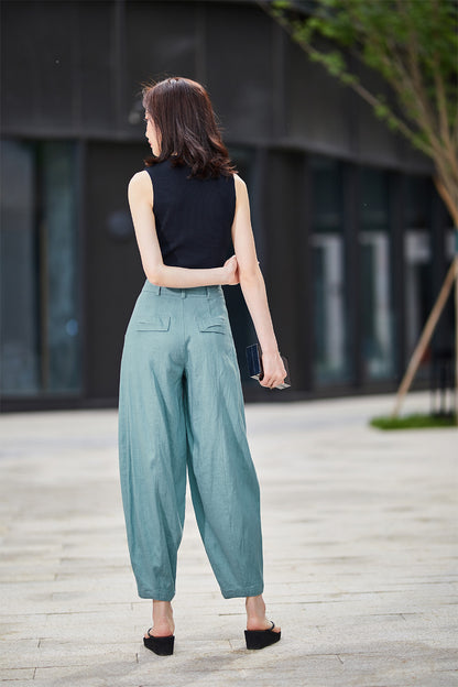 Blue Linen Blend Casual Pants - Baggy Fit with Side Pockets 2191
