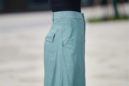 Blue Linen Blend Casual Pants - Baggy Fit with Side Pockets 2191