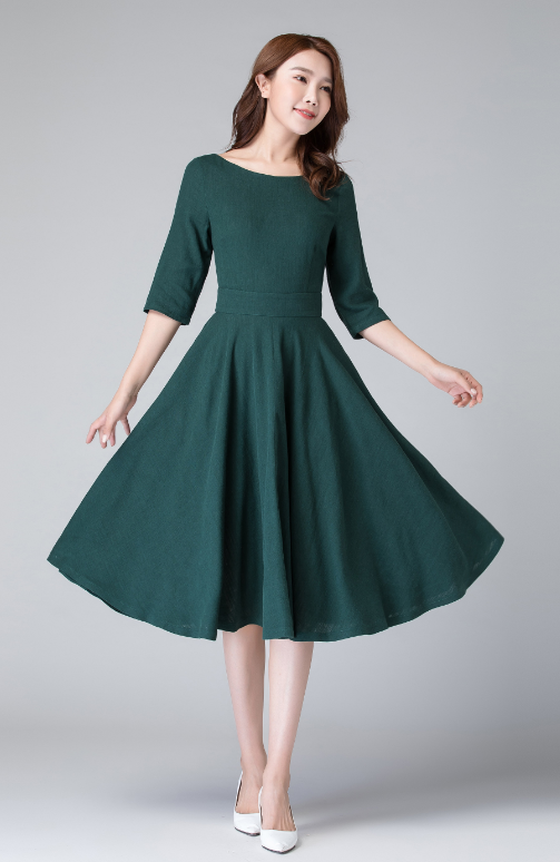 dark green summer dress Linen Midi – Handmade Cottagecore Fit & Flare Dress Cozumel a flowy fit and RED ROSE dress Color:Natural/Black