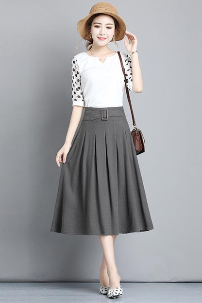 Midnight Gray Polyester Pleated Skirt - High Waist, Below Knee CYM317