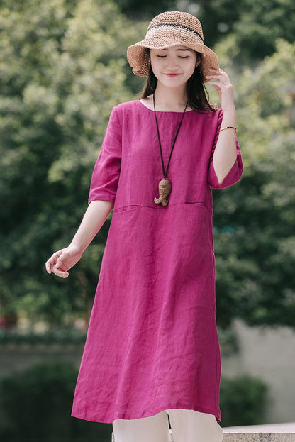 Magenta Linen Midi Dress - Crew Neck with Mid Sleeves CYM377