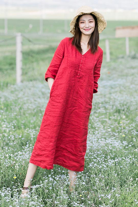 long linen dress for summer with 3/4 sleeves and v-neck CYM469